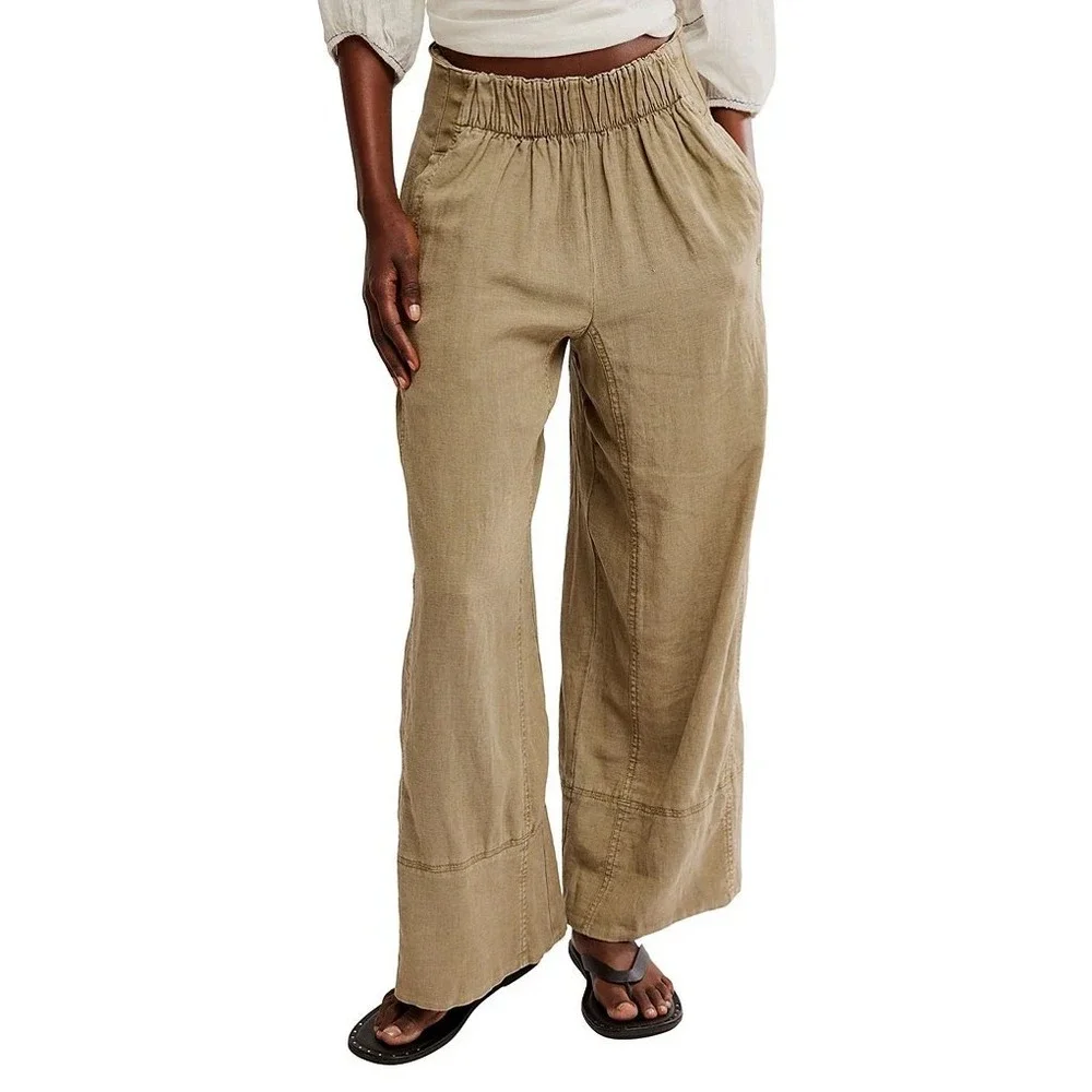 Free People Linen Blend Wide Leg Smocked Waist Pants XS Khaki